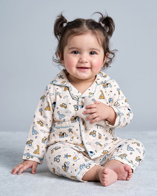Twingle 100% Organic Cotton Nightsuit-Lightweight & Breathable-Soft Elasticated Waistband-Peach-Farm Life-For Infants