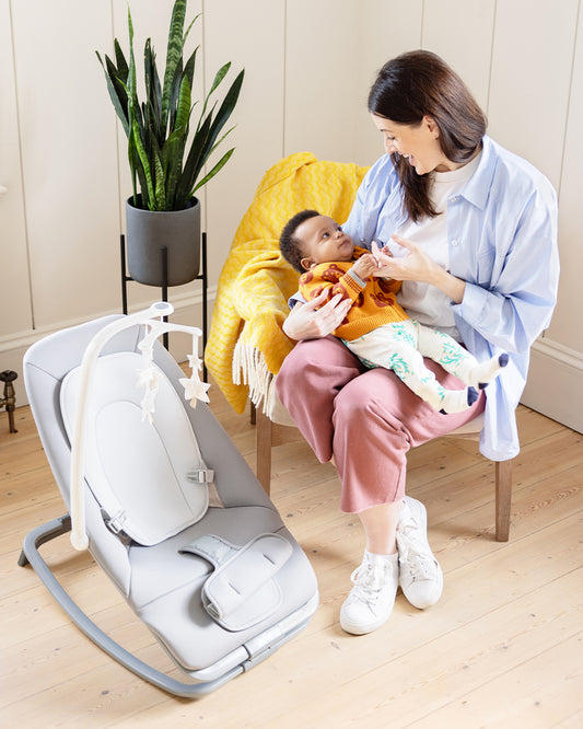 Joie Dreamer Rocker & Bouncer-3 Position Reclining Seat-2 Position Adjustable Leg Rest-With Removable & Rotating Toy Bar-2 Years Warranty-Upto 15 Kg-Walnut