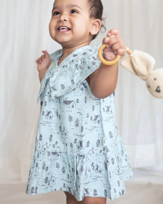 Cocoon Care Sky Blue Frock Dress-Farm House-Bamboo Muslin-For Infants