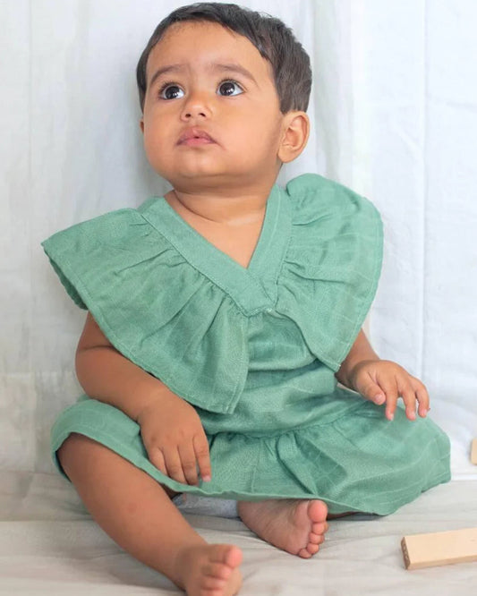 Cocoon Care Sage Green Frock Dress-Solid-Bamboo Muslin-For Infants