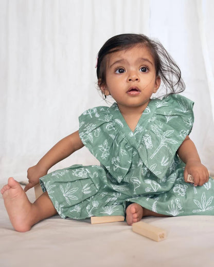 Cocoon Care Sage Green Frock Dress-Tropical-Bamboo Muslin-For Infants