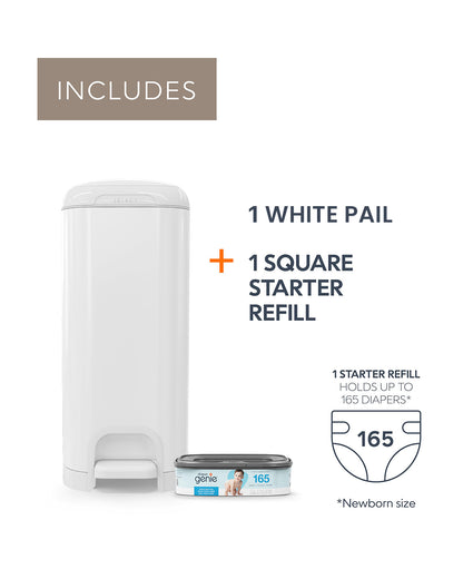 Diaper Genie Select Diaper Pail-Comes with Square Starter Refills-Stainless Steel-Holds upto 40 newborn diapers-Push N Lock clamp to prevent odour-Foot pedal for easy one-handed operation-White