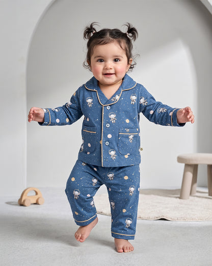 Twingle 100% Organic Cotton Nightsuit-Lightweight & Breathable-Soft Elasticated Waistband-Navy Blue-Astro Elle-For Infants