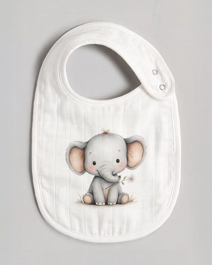 Twingle 100% Organic Muslin Bib-Soft Terry on the Back for maximum Absorbency-Trusted YKK Snaps-Ellie Elephant-Pack of 2-For Infants