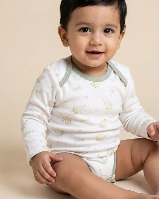 Twingle 100% Organic Cotton Bodysuit-Envelope Neck for Easy Dressing-Nickel Free Snaps-Long Sleeves-Elephant Print-White-For Infants