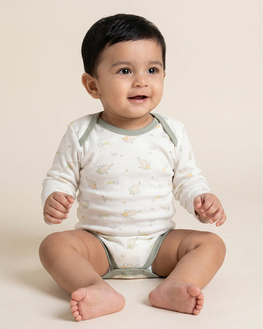 Twingle 100% Organic Cotton Bodysuit-Envelope Neck for Easy Dressing-Nickel Free Snaps-Long Sleeves-Elephant Print-White-For Infants
