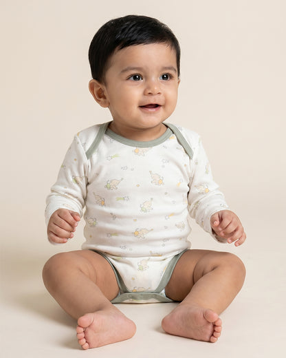 Twingle 100% Organic Cotton Bodysuit with Leggings-Envelope Neck for Easy Dressing-No Itchy Tags-Soft Elasticated Waistband-Long Sleeves-Elephant Print-White-For Infants