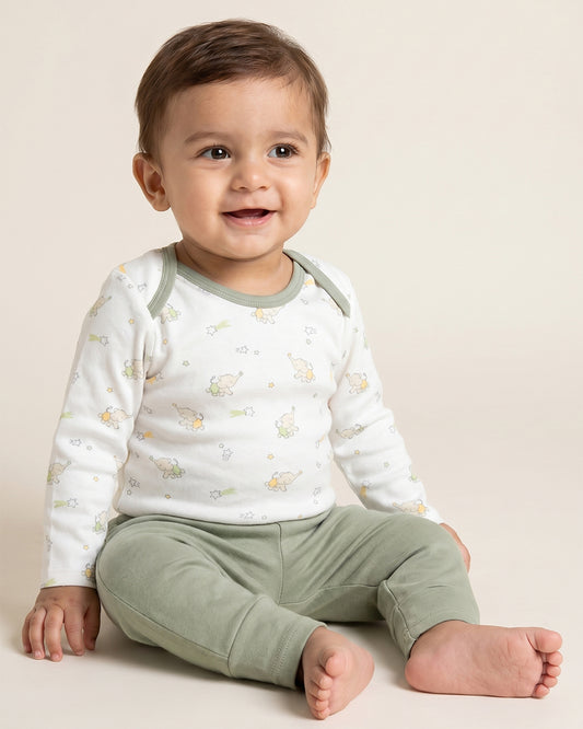 Twingle 100% Organic Cotton Bodysuit with Leggings-Envelope Neck for Easy Dressing-No Itchy Tags-Soft Elasticated Waistband-Long Sleeves-Elephant Print-White-For Infants