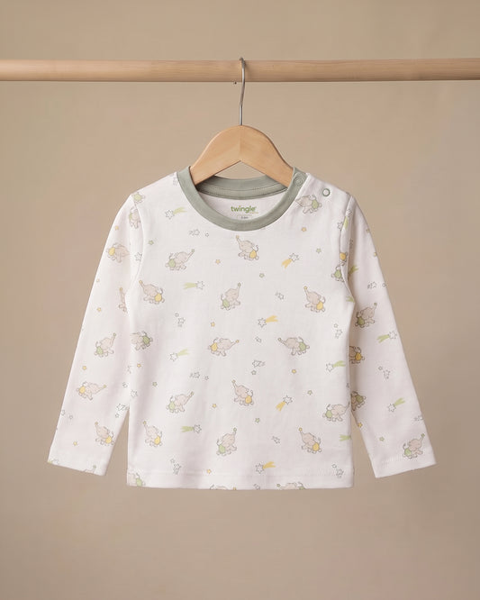 Twingle 100% Organic Cotton T-shirt-No Itchy Neck Tags-Shoulder Snaps for Easy Dressing-Long Sleeves-Elephant Print-White-For Infants