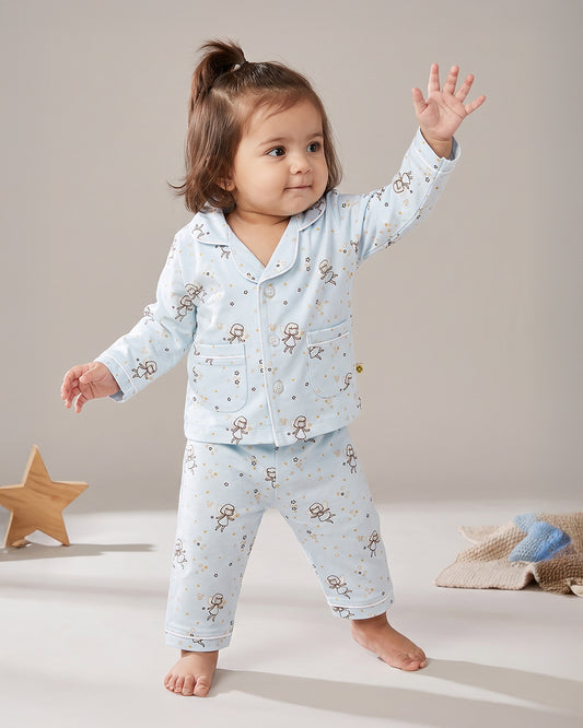 Twingle 100% Organic Cotton Nightsuit-Lightweight & Breathable-Soft Elasticated Waistband-Light Blue-Fairy Dream-For Infants