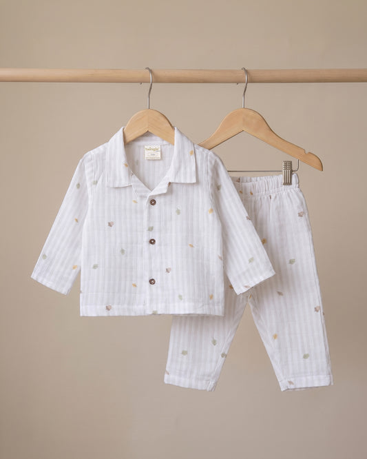 Twingle 100% Organic Muslin Nightsuit-Prevents Overheating-Naturally Temperature Regulating for Better Sleep-Soft Elasticated Waistband-Autumn Vibes-White-For Infants