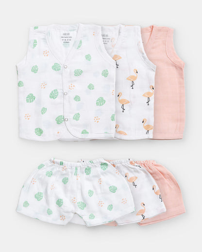 Aariro White & Pink Jhabla & Shorts Set-Flamingo & Leaves Print-Organic Cotton-Pack of 3-For Infants