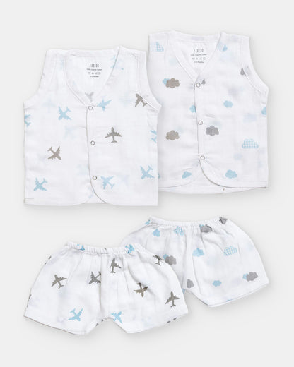 Aariro White Jhabla & Shorts Set-Aeroplane & Cloud Print-Organic Cotton-Pack of 2-For Infants