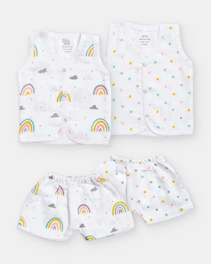 Aariro White Jhabla & Shorts Set-Rainbow Print-Organic Cotton-Pack of 2-For Infants