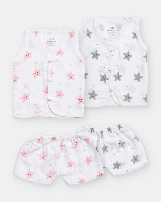 Aariro White Jhabla & Shorts Set-Star Print-Organic Cotton-Pack of 2-For Infants