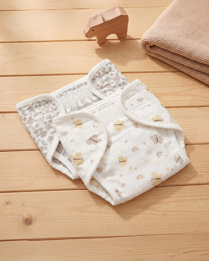 Twingle 100% Organic Muslin Velcro Nappy-Soft Absorbent Terry Layer-Mess Free Design-Helps Control 1-2 Leaks-Adjustable Velcro Fit-Lavender & Butterfly Print-Pack of 2