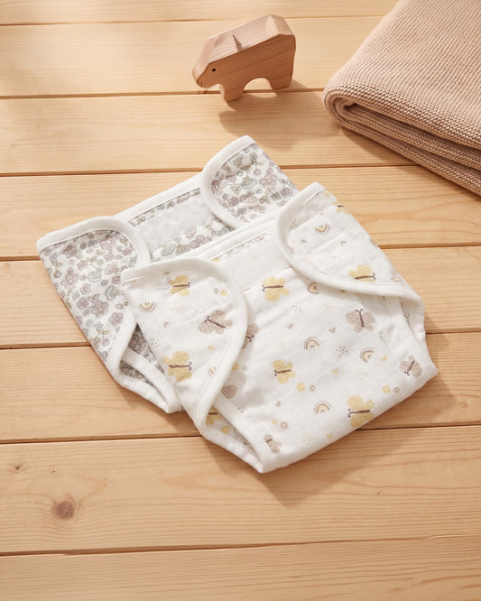 Twingle 100% Organic Muslin Velcro Nappy-Soft Absorbent Terry Layer-Mess Free Design-Helps Control 1-2 Leaks-Adjustable Velcro Fit-Lavender & Butterfly Print-Pack of 2
