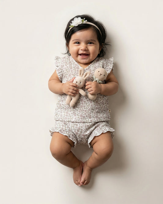 Twingle 100% Organic Muslin Jhabla & Shorts Set-Kimono Opening for Easy Dressing-Soft Elasticated Waistband-Lavender Ditsy-White-For Infants