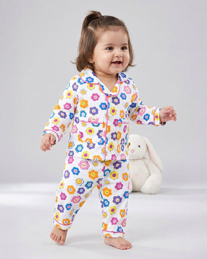 Twingle 100% Organic Cotton Nightsuit-Lightweight & Breathable-Soft Elasticated Waistband-Multicolor-Flower Pop-For Infants
