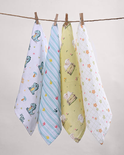 Twingle 100% Organic Muslin Wipes cum Wash Cloth-Naturally Softens With Each Wash-Quick Dry Fabric-Dino-Paw-Sweet & Picnic Print-Pack of 4-For Infants