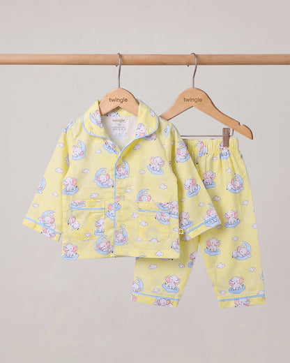 Twingle 100% Cotton Nightsuit-Lightweight & Breathable-Soft Elasticated Waistband-Yellow-Elle on Moon-For Infants