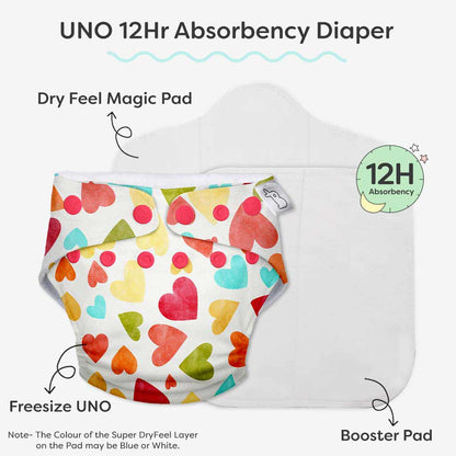 SuperBottoms Baby Hearts Freesize UNO-12 Hours Absorbency Cloth Diaper-Padded Underwear-100% Organic Cotton-Washable & Reusable-3 to 36M