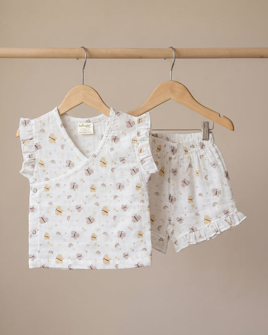 Twingle 100% Organic Muslin Jhabla & Shorts Set-Kimono Opening for Easy Dressing-Soft Elasticated Waistband-Butterfly-White-For Infants