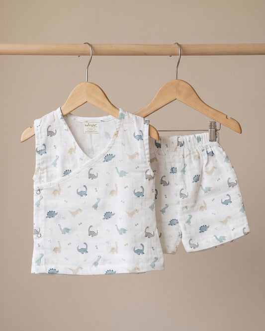 Twingle 100% Organic Muslin Jhabla & Shorts Set-Kimono Opening for Easy Dressing-Soft Elasticated Waistband-Dino-White-For Infants