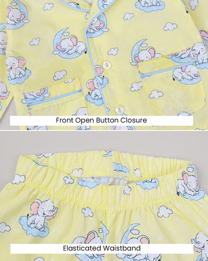 Twingle 100% Cotton Nightsuit-Lightweight & Breathable-Soft Elasticated Waistband-Yellow-Elle on Moon-For Infants