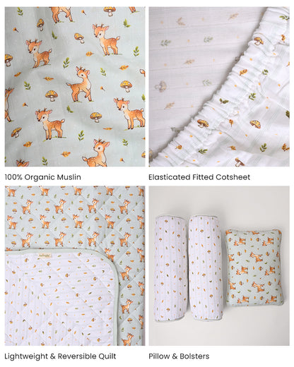 Twingle 100% Organic Fawnie Friends Garden Baby Bedding Set-Pack of 5-Reversible Quilt, All-round Elastic Bedsheet, Pillow & Bolsters-Eco Certified Genesta baby safe Inks-White & Light Blue-For Infants