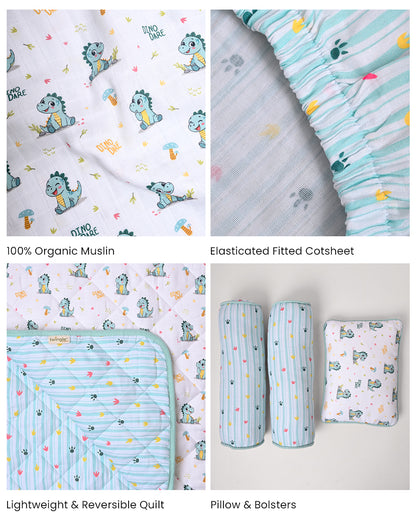 Twingle 100% Organic Muslin Dino Dare Baby Bedding Set-Pack of 5-Reversible Quilt, All-round Elastic Bedsheet, Pillow & Bolsters-Eco Certified Genesta baby safe Inks-White & Light Blue-For Infants