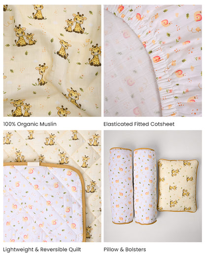 Twingle 100% Organic Muslin Giffy Garden Baby Bedding Set-Pack of 5-Reversible Quilt, All-round Elastic Bedsheet, Pillow & Bolsters-Eco Certified Genesta baby safe Inks-White & Cream-For Infants