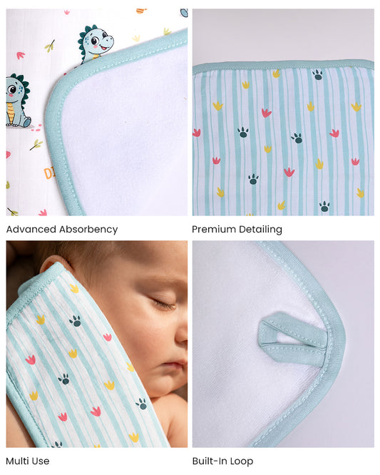 Twingle 100% Organic Muslin Wash Cloths-Soft Terry on the Back for maximum Absorbency-Built In Loop for Everyday Convenience-Dino Dare & Paw Strokes Print-Pack of 2-For Infants