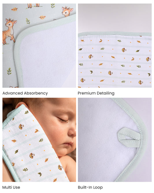 Twingle 100% Organic Muslin Wash Cloths-Soft Terry on the Back for maximum Absorbency-Built In Loop for Everyday Convenience-Fawnie Friends & Leafy Mush Print-Pack of 2-For Infants