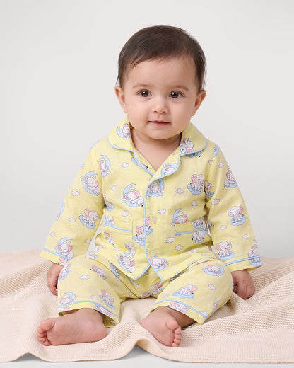 Twingle 100% Cotton Nightsuit-Lightweight & Breathable-Soft Elasticated Waistband-Yellow-Elle on Moon-For Infants