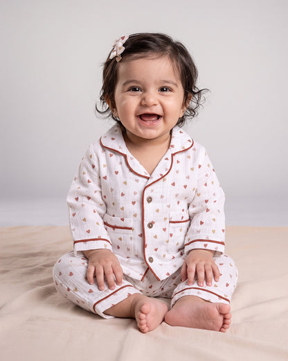 Twingle 100% Organic Muslin Nightsuit-Lightweight & Breathable-Soft Elasticated Waistband-White-Tiny Hearts-For Infants