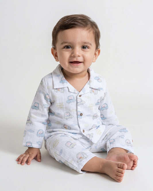 Twingle 100% Organic Muslin Nightsuit-Prevents Overheating-Naturally Temperature Regulating for Better Sleep-Soft Elasticated Waistband-Little Drivers-White-For Infants