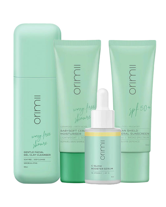 Orimii Glowing Face Regime-Gentle Face Wash+C-Glow Booster Serum+Ceramide Moisturiser+SPF 50 PA++++ Mineral Sunscreen-For Dull & Uneven Skin