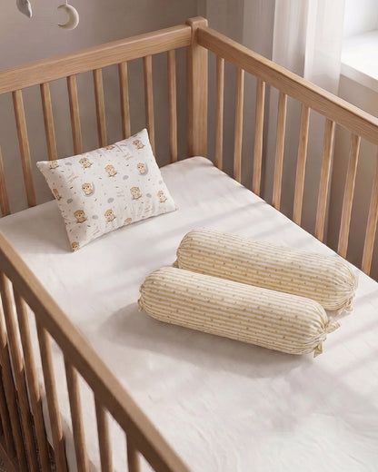 Twingle 100% Organic Muslin Sleepy Owls Baby Bedding Set-Pack of 5-Reversible Quilt, All-round Elastic Bedsheet, Pillow & Bolsters-White & Beige-For Infants