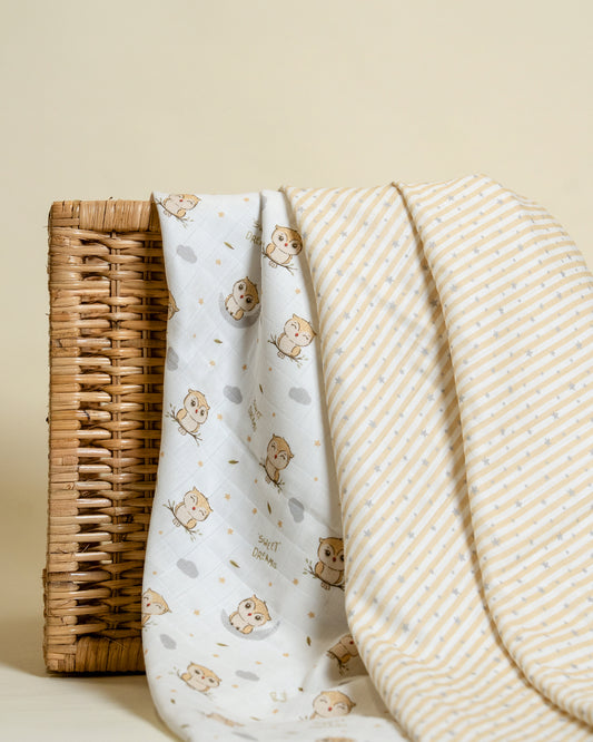 Twingle 100% Organic Muslin Swaddles-Bigger than Standard Swaddles-Supports Natural Airflow-Soft Gentle Edges-Sleepy Owls & Starlight Print-White & Beige-Pack of 2-Infant Wraps