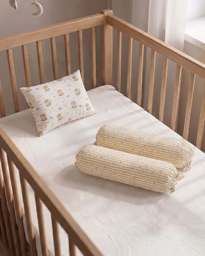 Twingle 100% Organic Muslin Baby Pillow & Bolsters-High Twist Yarn for Lasting Softness-Eco Certified Genesta Inks for Skin-Safe Prints-Sleepy Owls & Starlight Print-White & Beige-Pack of 3-For Infants