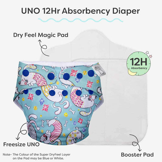 SuperBottoms Paw-sitively Happy Freesize UNO-12 Hours Absorbency Cloth Diaper-Padded Underwear-100% Organic Cotton-Washable & Reusable-3 to 36M