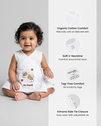 Twingle 100% Organic Cotton Frock Dress With Bloomer-Kimono Opening for Easy Dressing-Sleeveless-Embroidered-Bee-White-For Infants