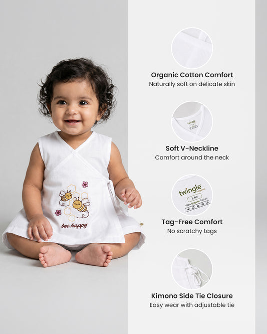 Twingle 100% Organic Cotton Frock Dress With Bloomer-Kimono Opening for Easy Dressing-Sleeveless-Embroidered-Bee-White-For Infants