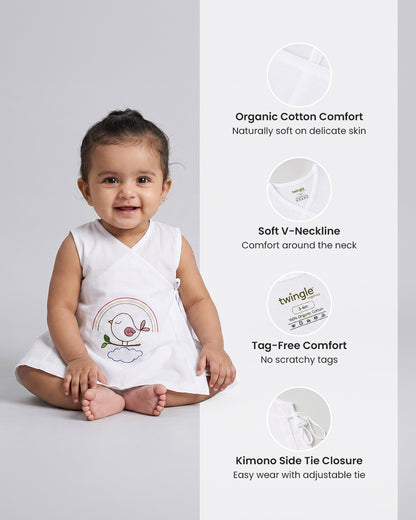Twingle 100% Organic Cotton Frock Dress With Bloomer-Kimono Opening for Easy Dressing-Sleeveless-Embroidered-Bird-White-For Infants