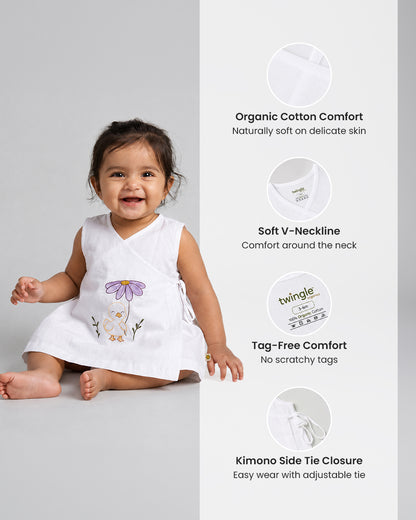 Twingle 100% Organic Cotton Frock Dress With Bloomer-Kimono Opening for Easy Dressing-Sleeveless-Embroidered-Duck-White-For Infants