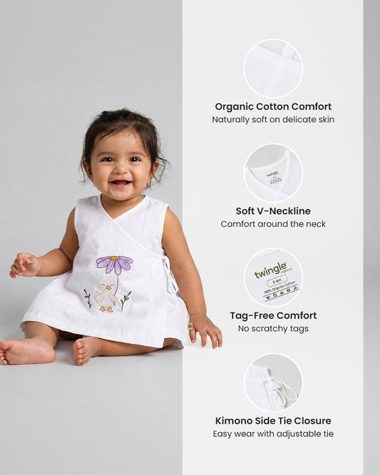 Twingle 100% Organic Cotton Frock Dress With Bloomer-Kimono Opening for Easy Dressing-Sleeveless-Embroidered-Duck-White-For Infants
