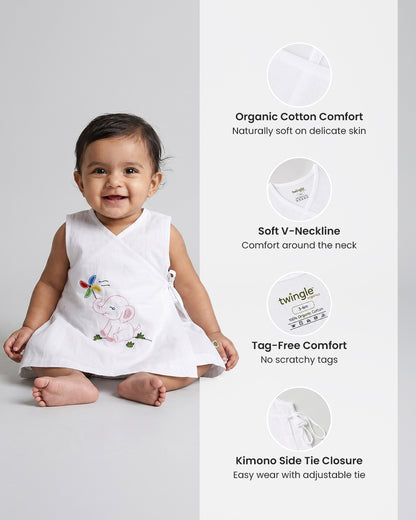 Twingle 100% Organic Cotton Frock Dress With Bloomer-Kimono Opening for Easy Dressing-Sleeveless-Embroidered-Elephant-White-For Infants
