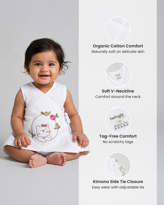 Twingle 100% Organic Cotton Frock Dress With Bloomer-Kimono Opening for Easy Dressing-Sleeveless-Embroidered-Cat-White-For Infants