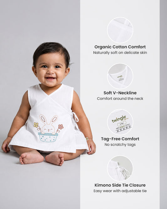 Twingle 100% Organic Cotton Frock Dress With Bloomer-Kimono Opening for Easy Dressing-Sleeveless-Embroidered-Rabbit-White-For Infants